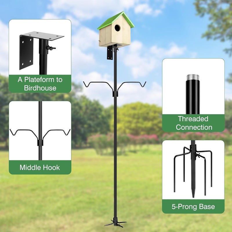 YINGYM Bird House Pole, 95 Inch Heavy Duty Bird Feeder Pole Mount Kit for Outdoors, Adjustable Bird Feeding Stand, with 2-Hooks, 5-Prong Base for Birds Watching - Image 3